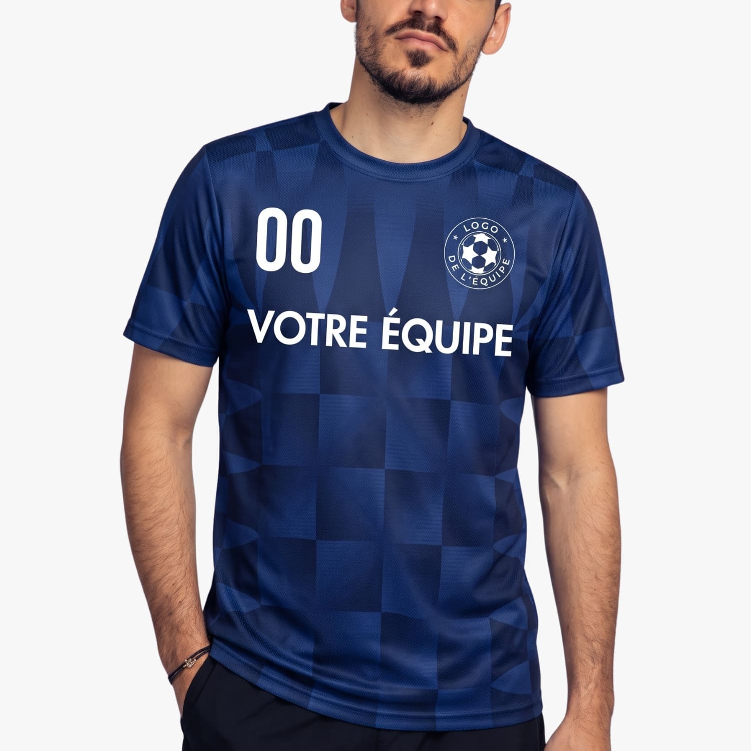 Bleu Foncé Bleu Géométrique Motif Maillot de Foot Personnalisé