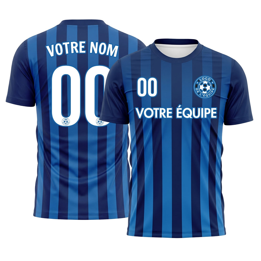 Bleu Bleu Foncé Verticales Rayures Maillot de Football Personnalisé