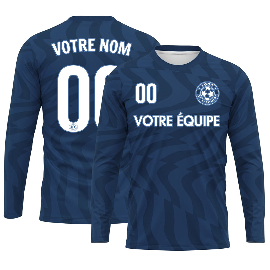 Bleu Bleu Foncé Motif Ondulé Maillot de Football Personnalisé à Manches Longues