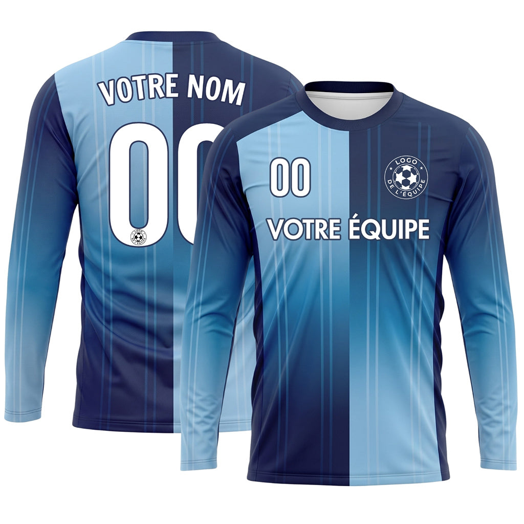 Bleu Bleu Clair Rayures Verticales Dégradées Maillot de Football Personnalisé à Manches Longues