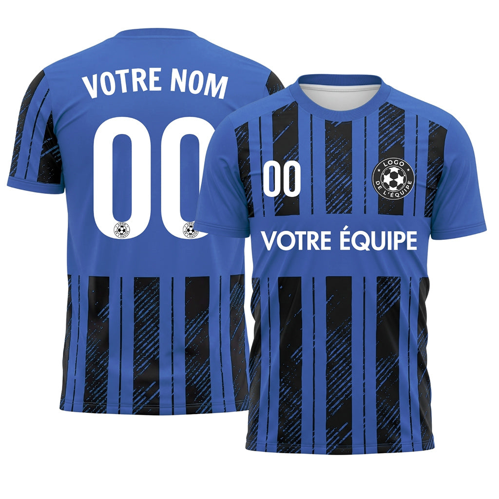 Bleu Noir Discontinues Diagonales Rayures Longitudinales Motif Maillot de Football Personnalisé