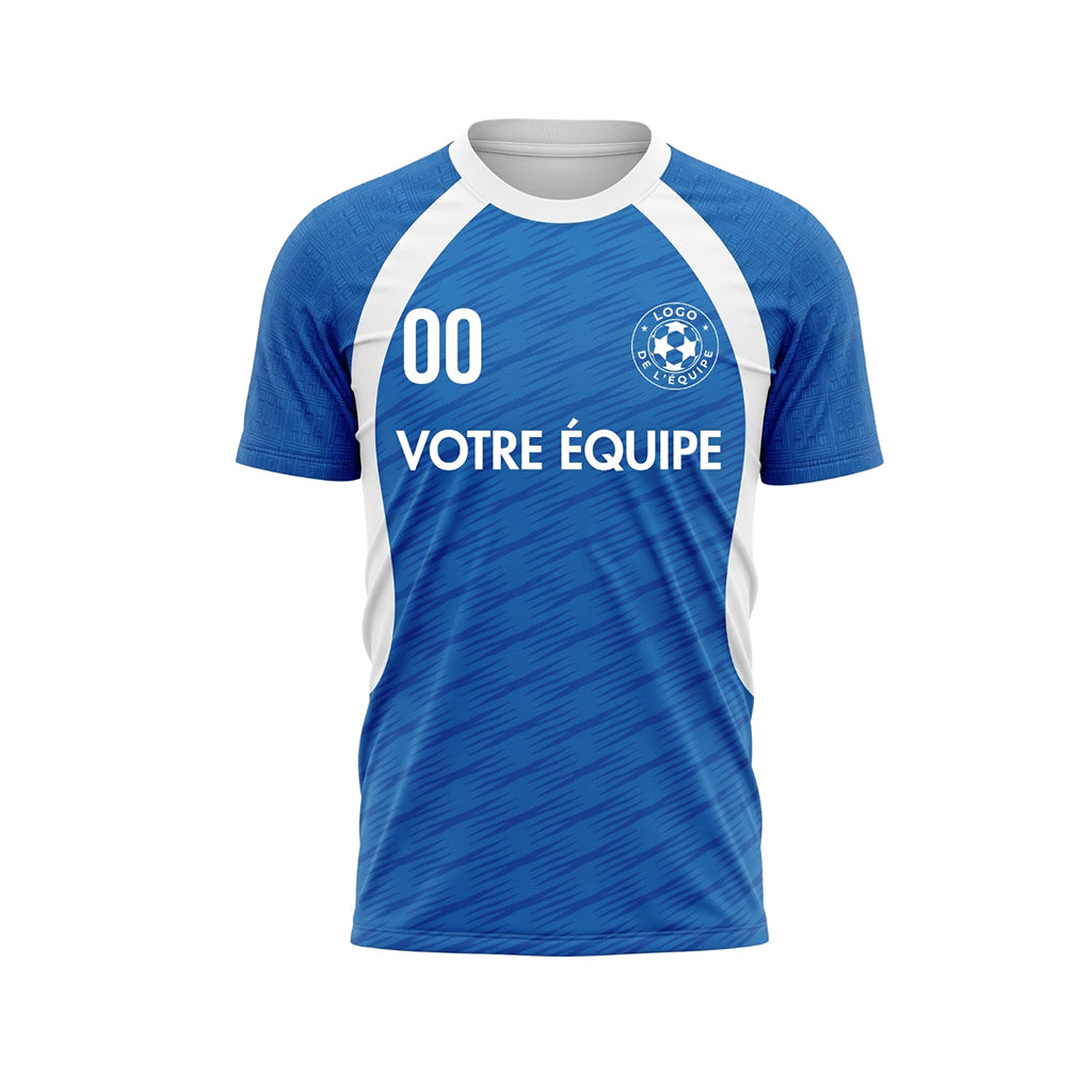 Bleu Blanc Courbé Accent Latéral Maillot de Football Personnalisé