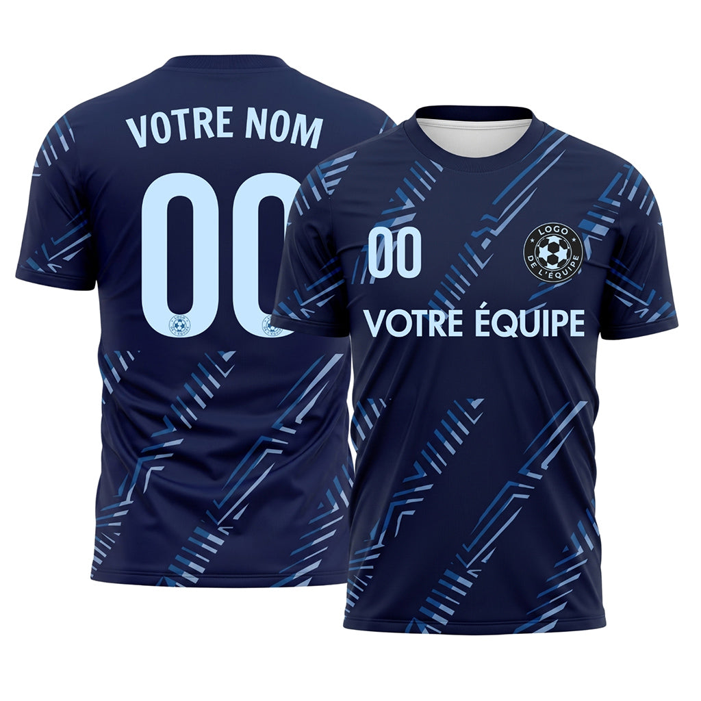 Bleu Foncé Motif de Manche Diagonales Rayures Maillot de Football Personnalisé