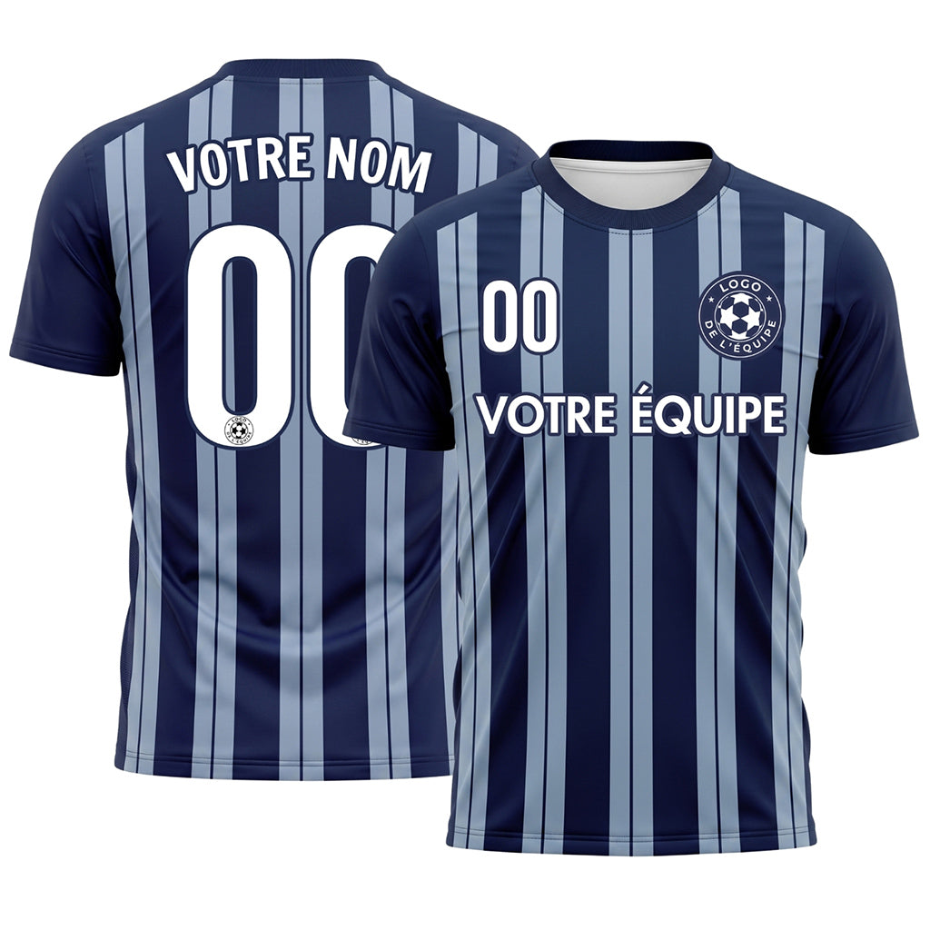 Bleu Foncé Gris Rayé Maillot de Football Personnalisé