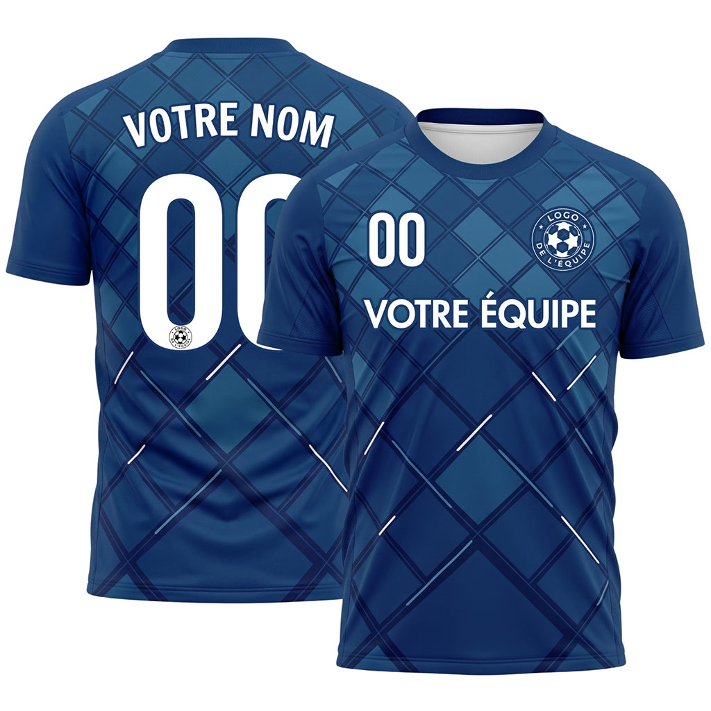 Bleu Foncé Carreaux Motif Maillot de Football Personnalisé