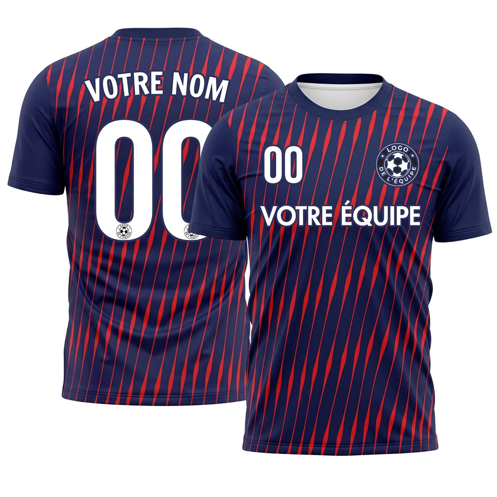 Bleu Foncé Rouge Dynamique Rayures Maillot de Football Personnalisé
