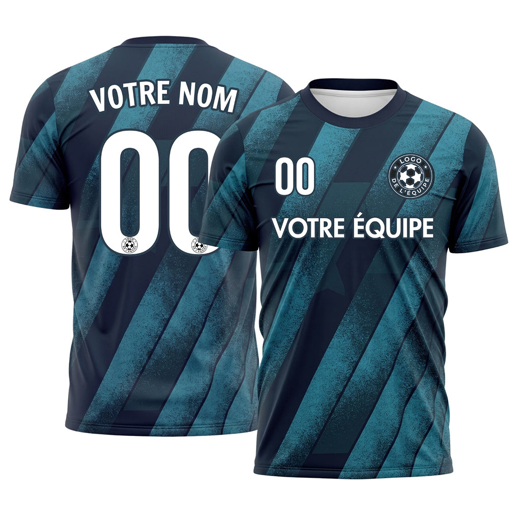 Bleu Foncé Turquoise Diagonales Rayures Maillot de Football Personnalisé