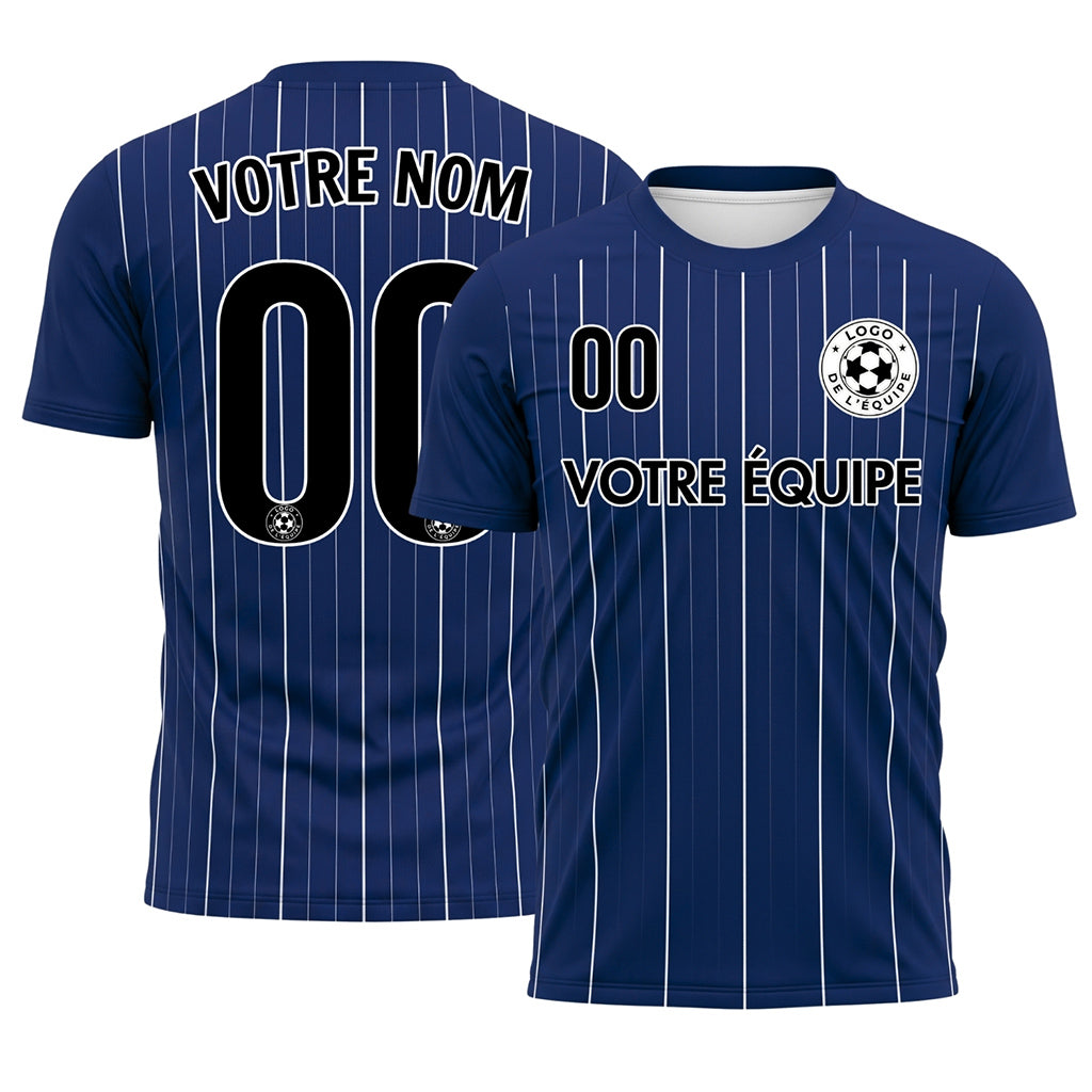 Bleu Foncé Blanc Fines Rayures Fines Maillot de Football Personnalisé