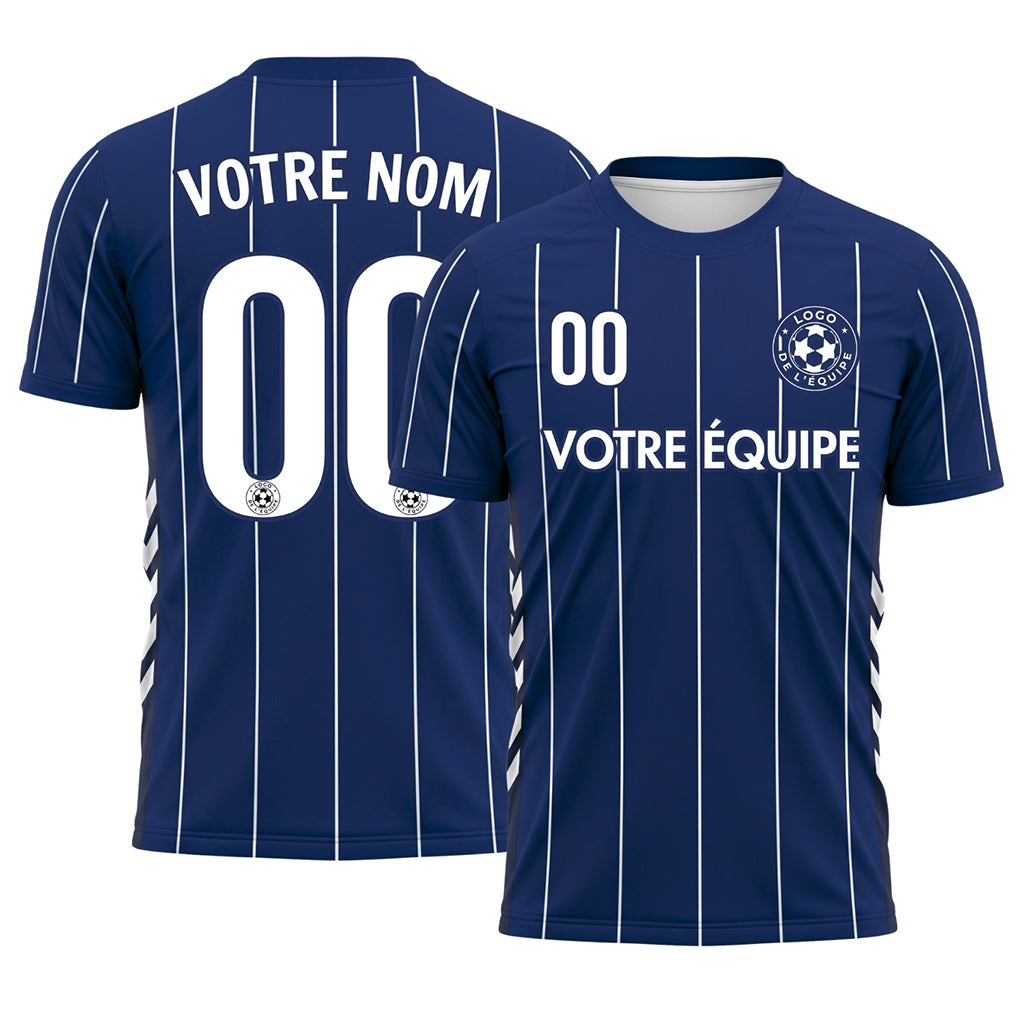 Bleu Foncé Blanc Rayures Fines Maillot de Football Personnalisé