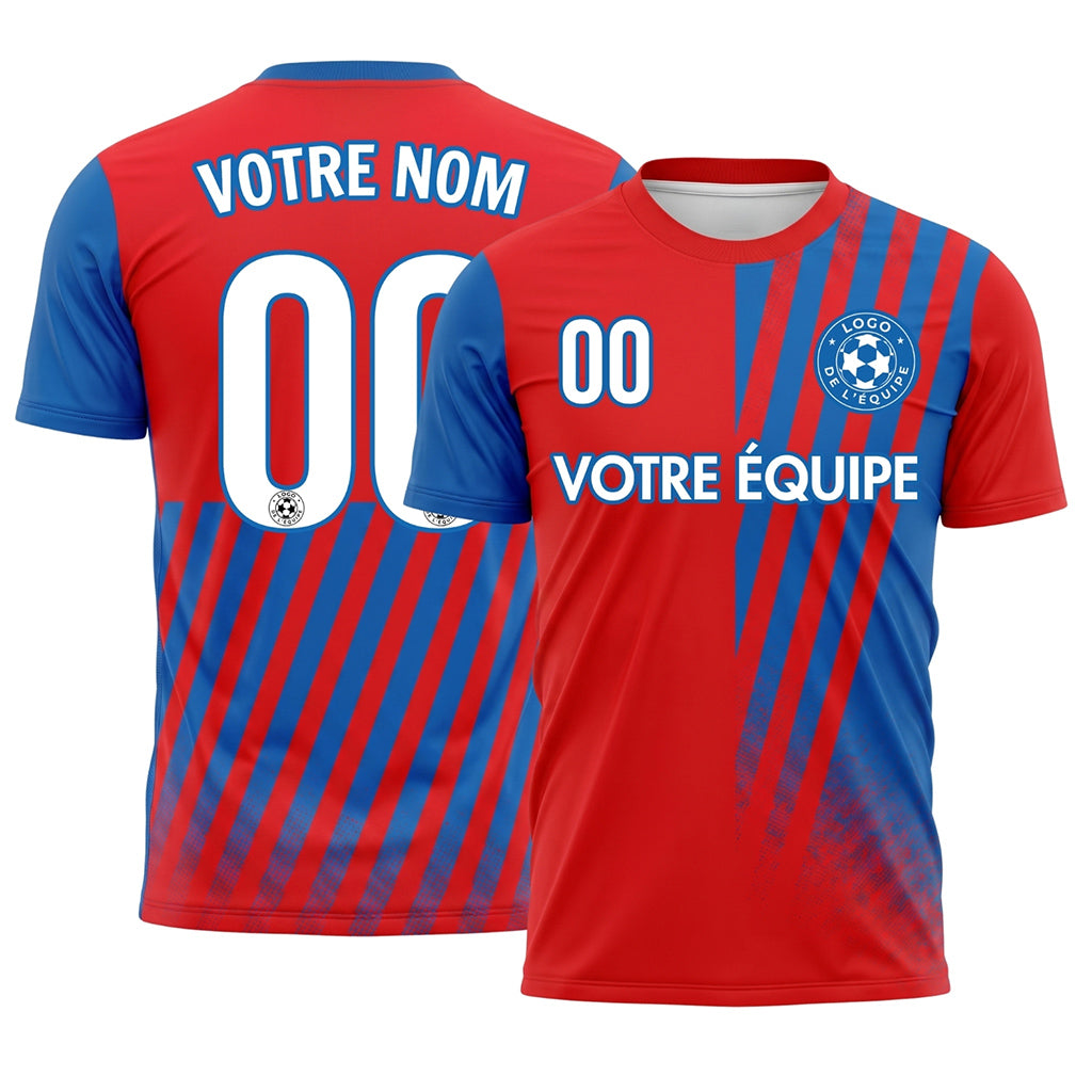 Rouge Bleu Diagonales Rayures Maillot de Football Personnalisé