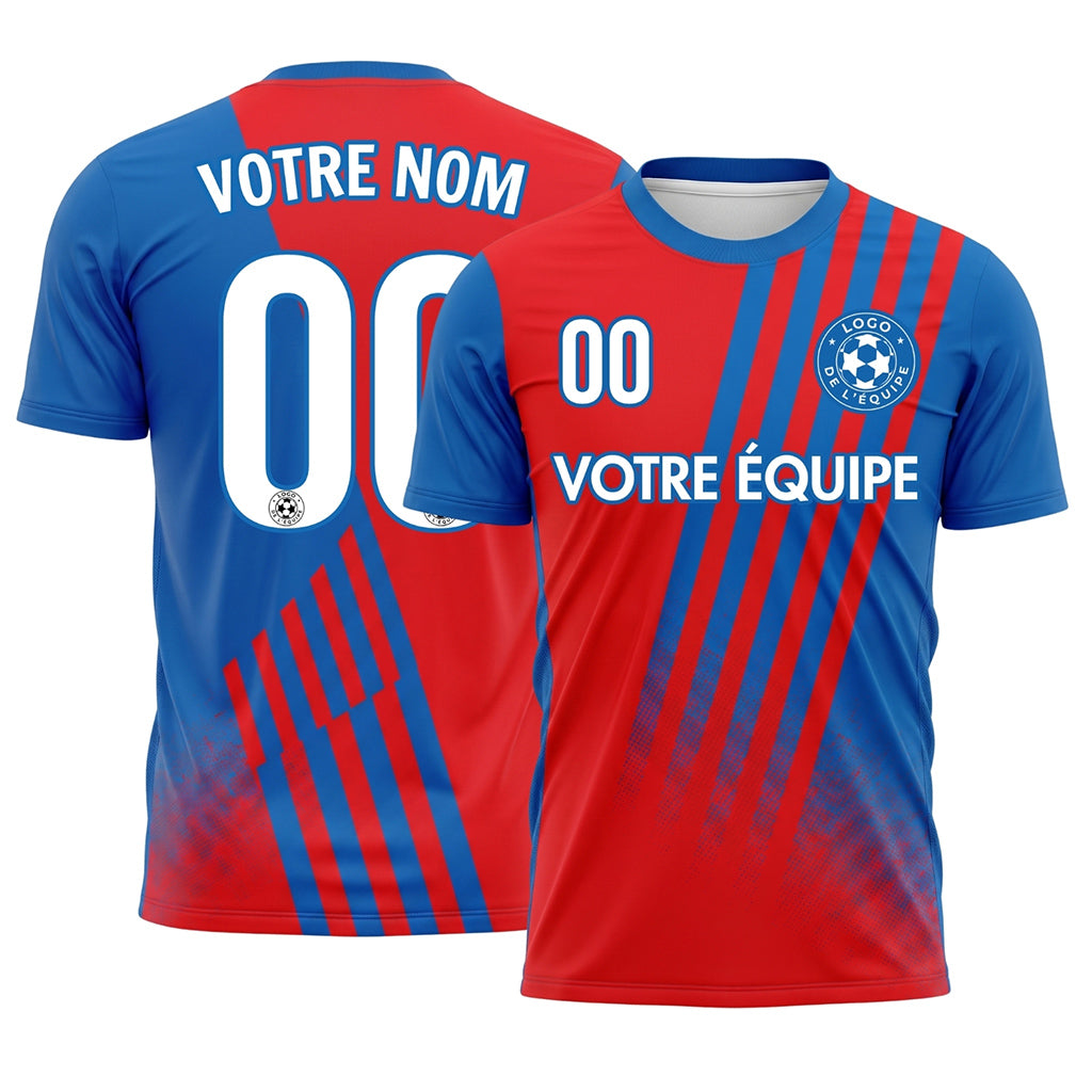 Rouge Bleu Diagonales Rayures Rouge Dos Maillot de Football Personnalisé