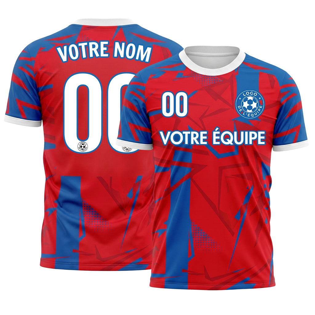 Rouge Bleu Géométrique Blanc Col Maillot de Football Personnalisé