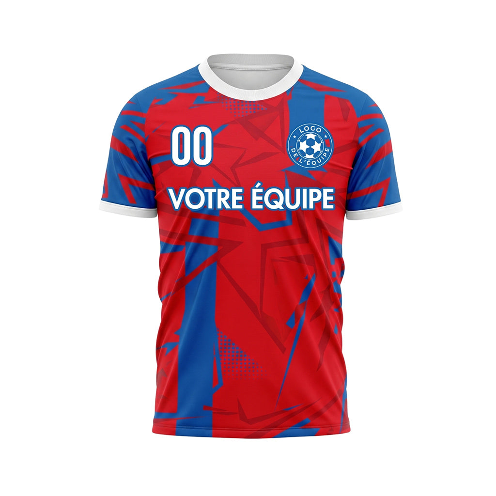 Rouge Bleu Géométrique Blanc Col Maillot de Football Personnalisé