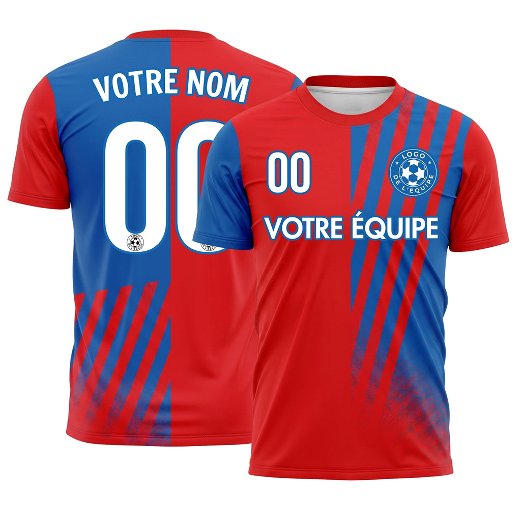Rouge Bleu Moitié Diagonales Rayures Maillot de Football Personnalisé