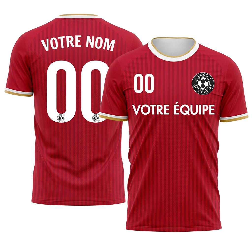 Rouge Doré Blanc Fin rayé Maillot de Football Personnalisé
