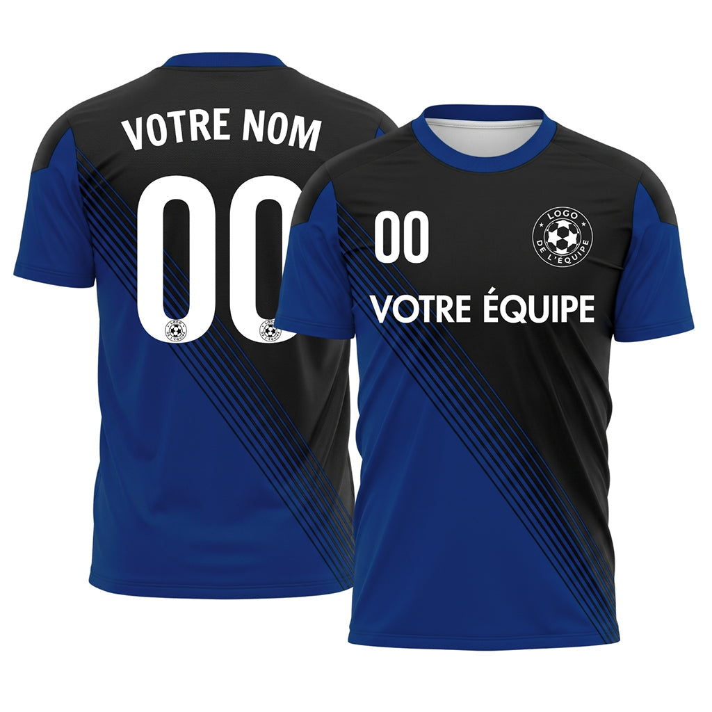 Noir Bleu Col Accent Diagonales Rayures Maillot de Football Personnalisé