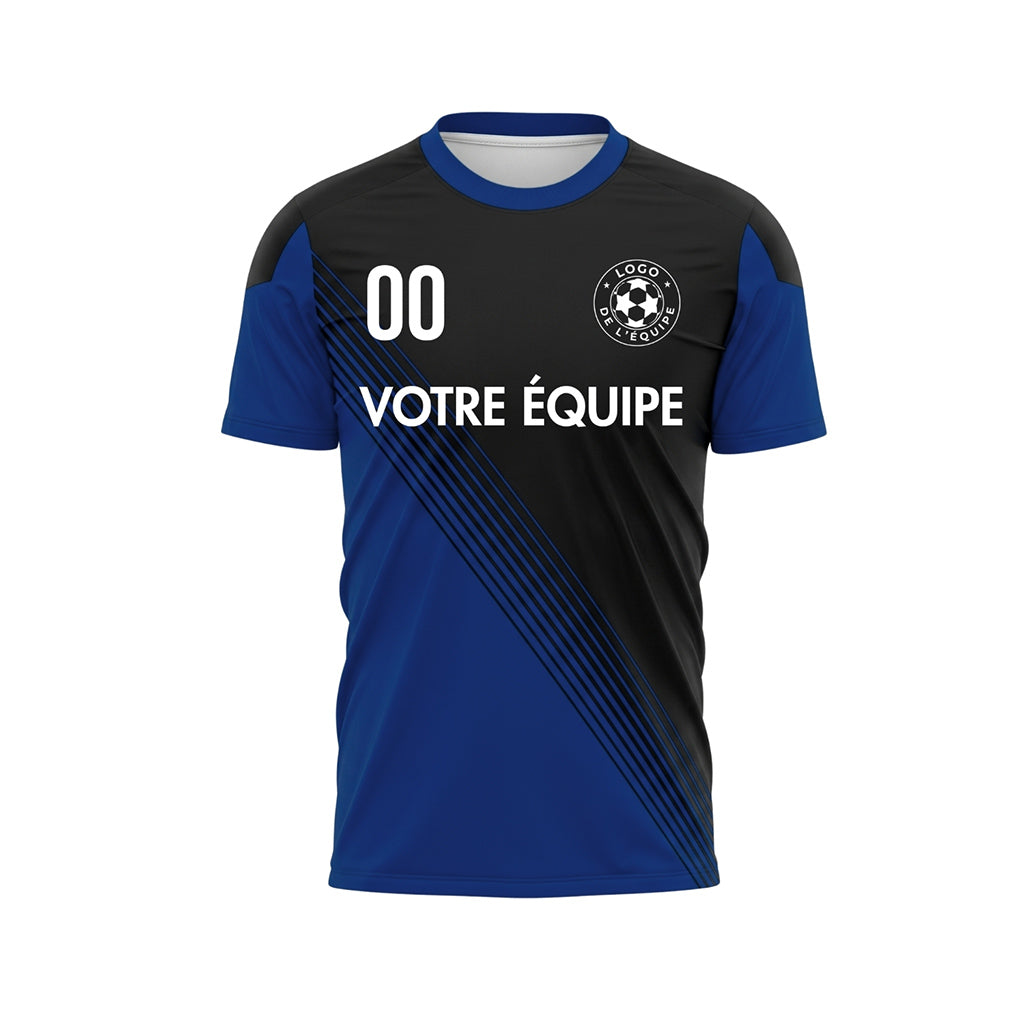 Noir Bleu Col Accent Diagonales Rayures Maillot de Football Personnalisé