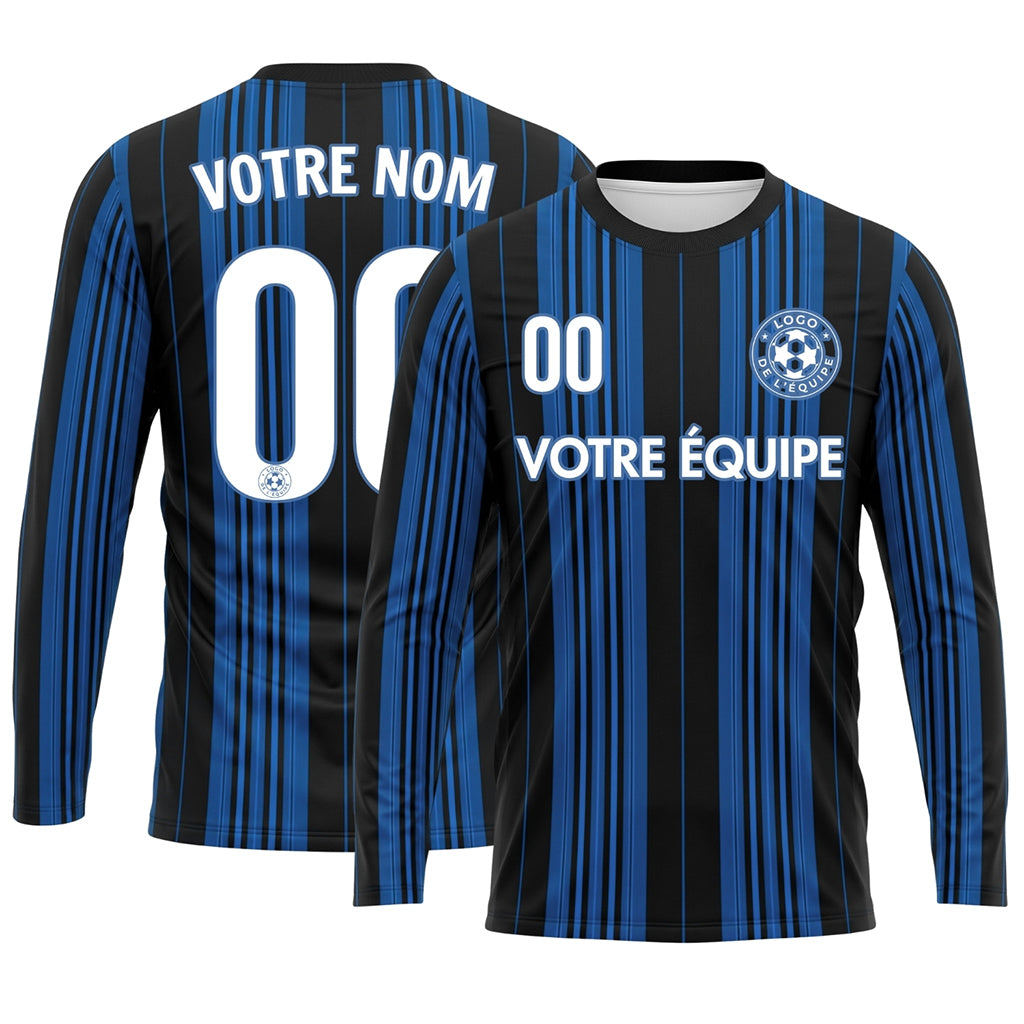 Noir Bleu Rayures Verticales Maillot de Football Personnalisé à Manches Longues