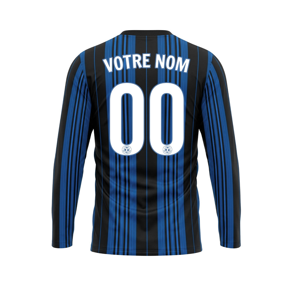 Noir Bleu Rayures Verticales Maillot de Football Personnalisé à Manches Longues