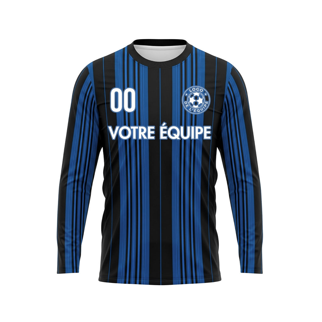 Noir Bleu Rayures Verticales Maillot de Football Personnalisé à Manches Longues