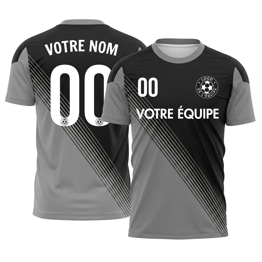 Noir Gris Col Accent Diagonales Rayures Maillot de Football Personnalisé