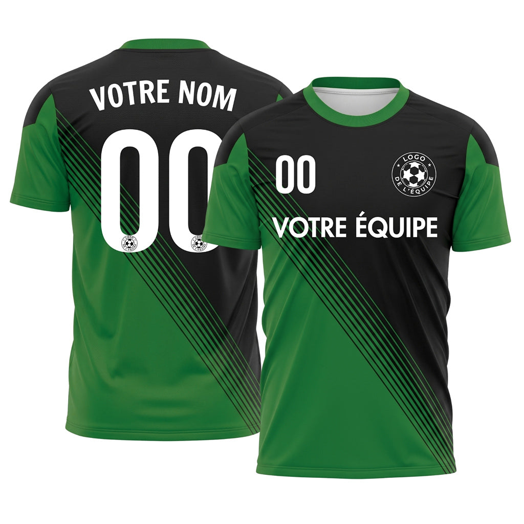 Noir Vert Col Accent Diagonales Rayures Maillot de Football Personnalisé