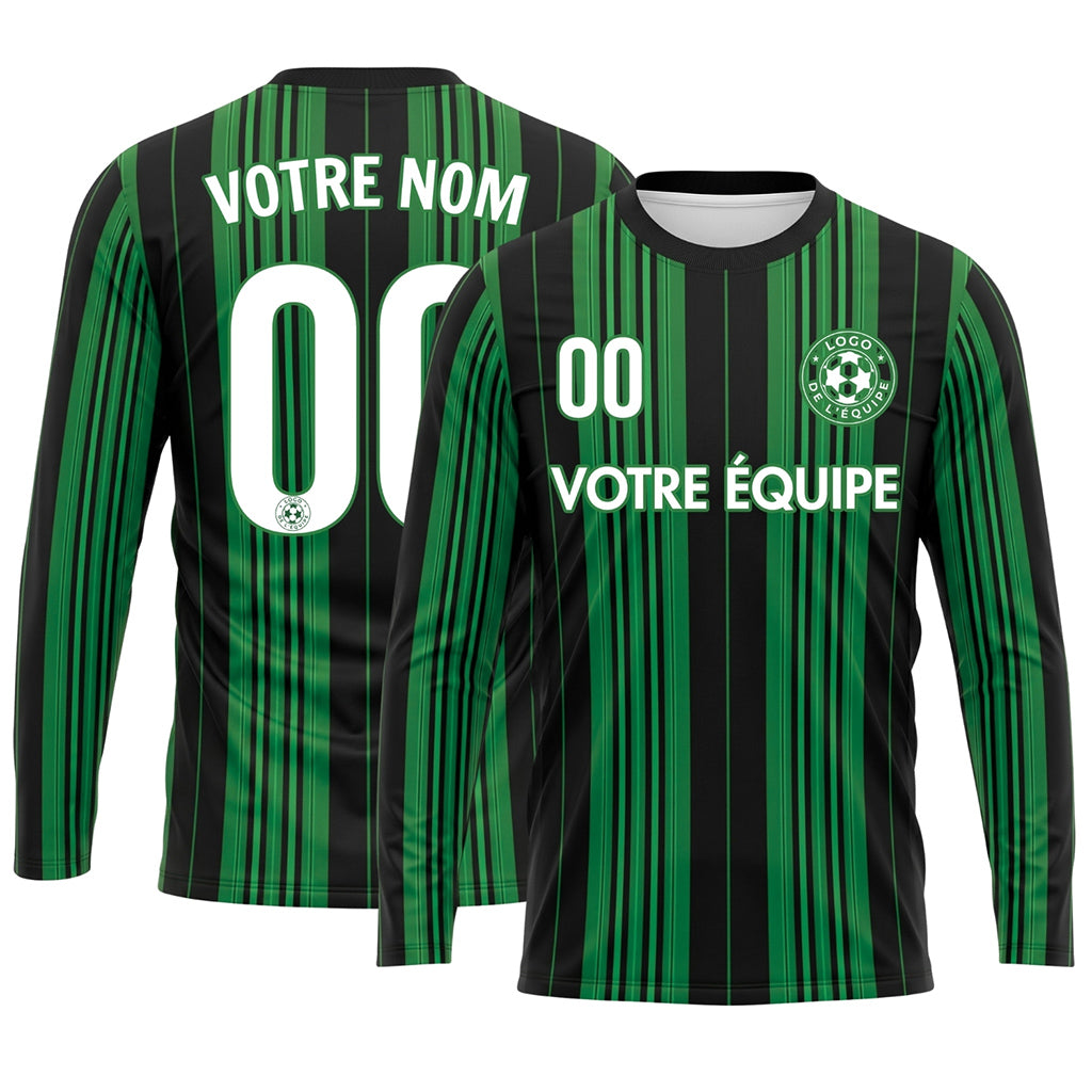 Noir Vert Rayures Verticales Maillot de Football Personnalisé à Manches Longues