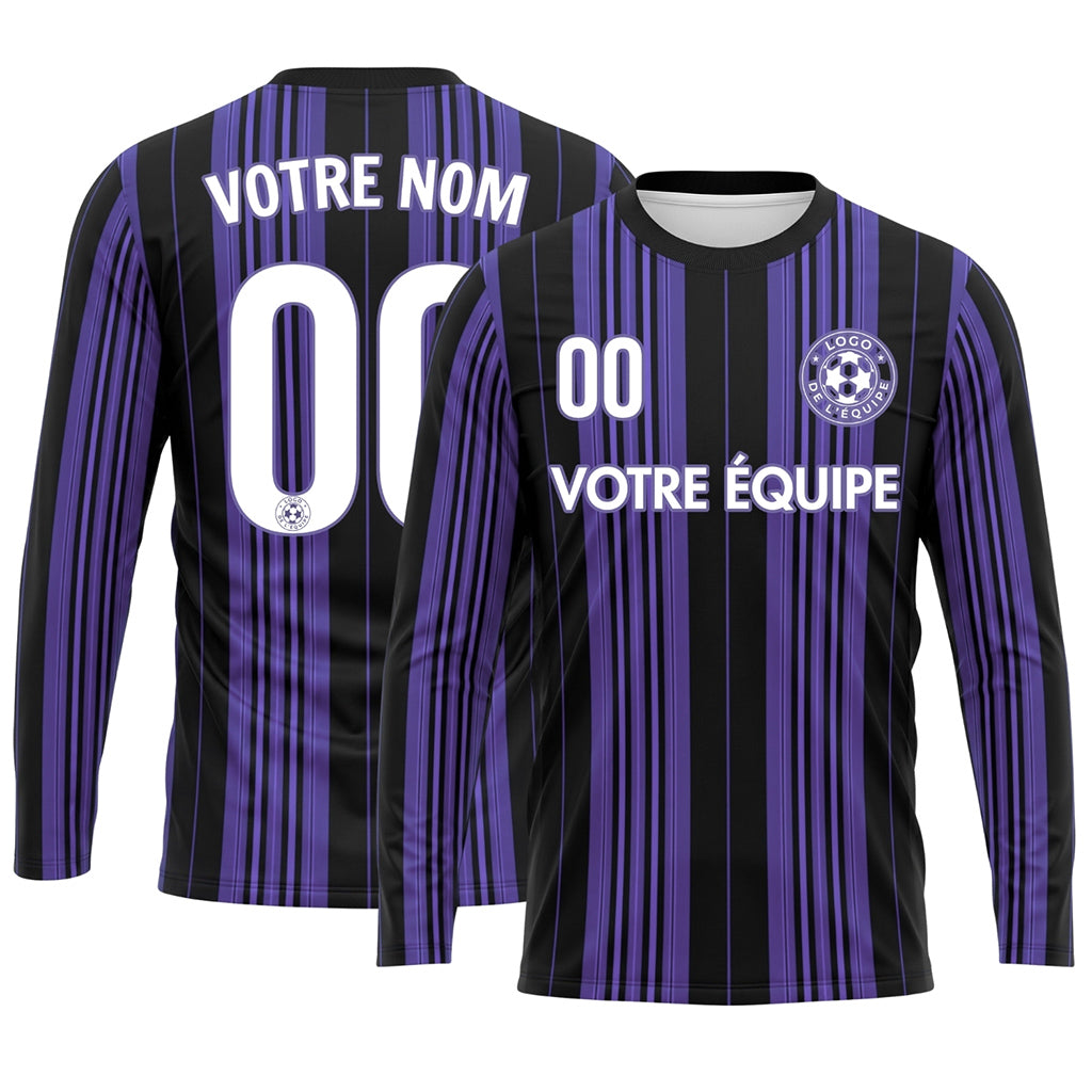 Noir Violet Rayures Verticales Maillot de Football Personnalisé à Manches Longues