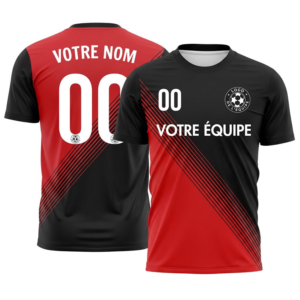 Noir Rouge Contraste Dos Diagonales Rayures Maillot de Football Personnalisé