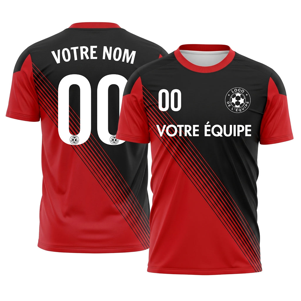 Noir Rouge Col Accent Diagonales Rayures Maillot de Football Personnalisé