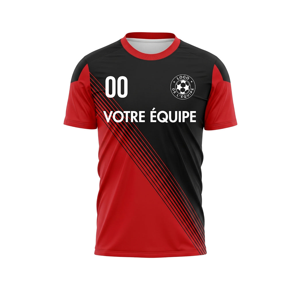 Noir Rouge Col Accent Diagonales Rayures Maillot de Football Personnalisé