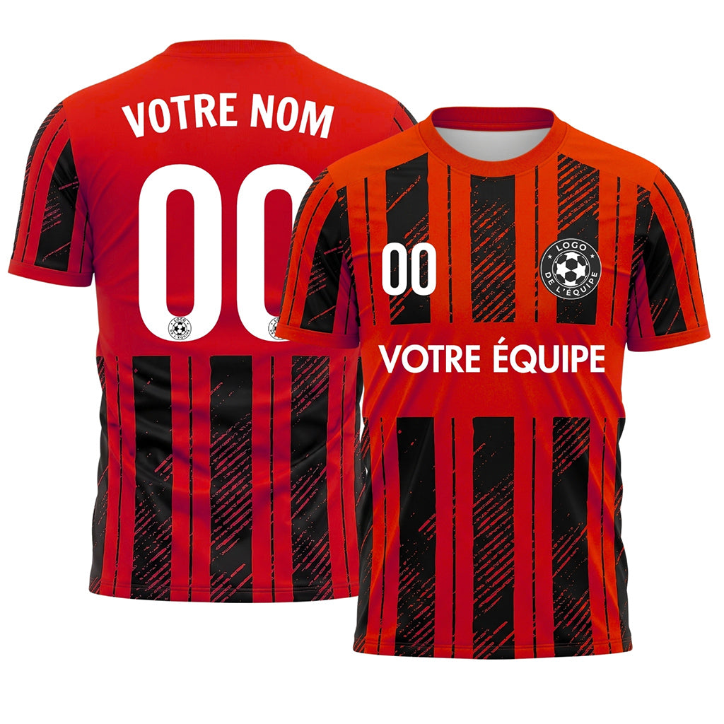 Noir Rouge Discontinues Diagonales Rayures Longitudinales Motif Maillot de Football Personnalisé
