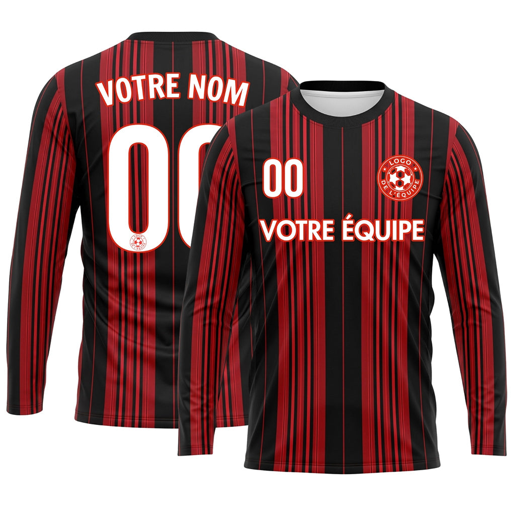 Noir Rouge Rayures Verticales Maillot de Football Personnalisé à Manches Longues
