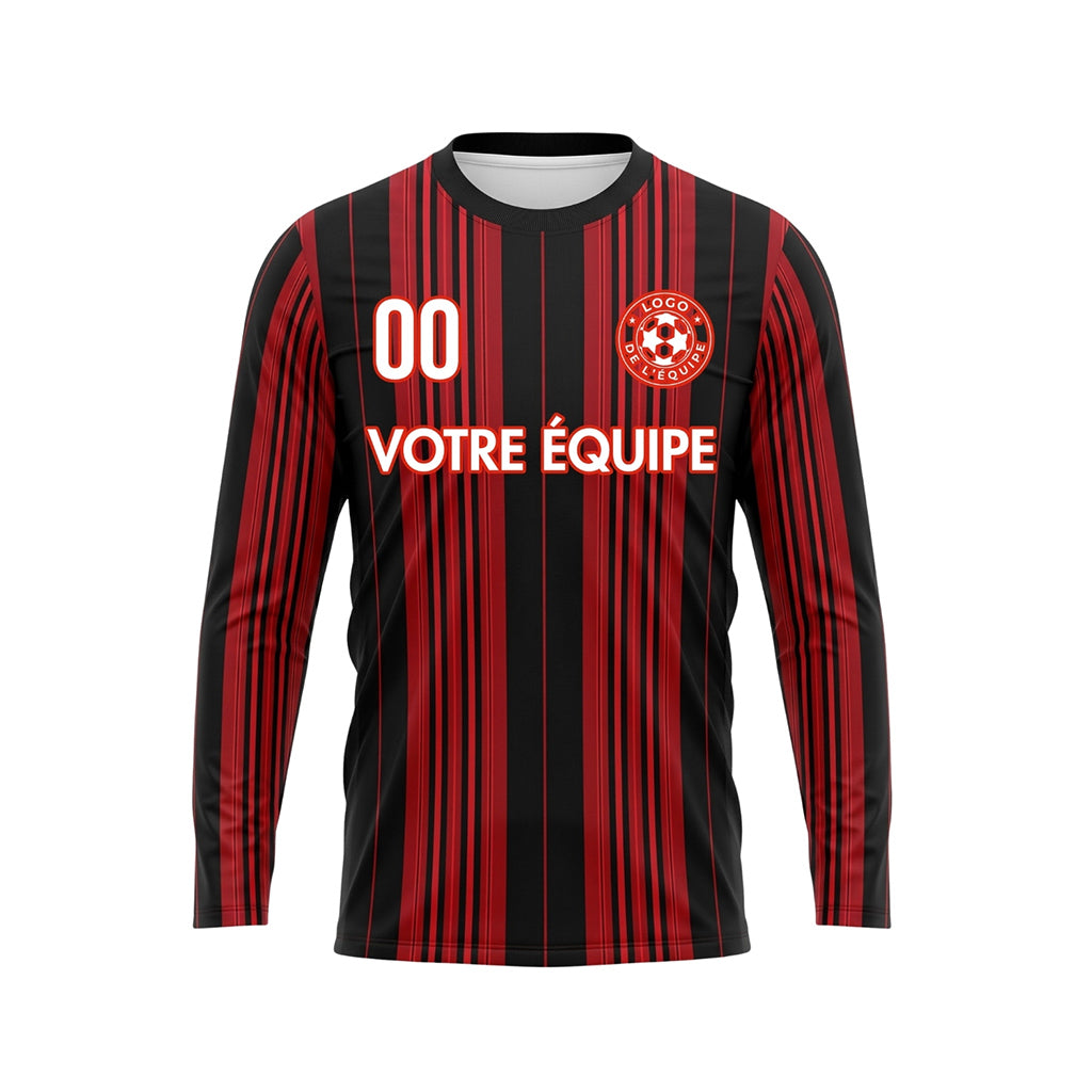 Noir Rouge Rayures Verticales Maillot de Football Personnalisé à Manches Longues