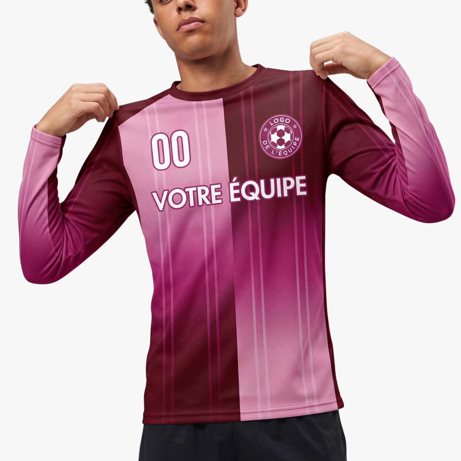 Bordeaux Rose Verticales Maillot de Foot Personnalisé à Manches Longues