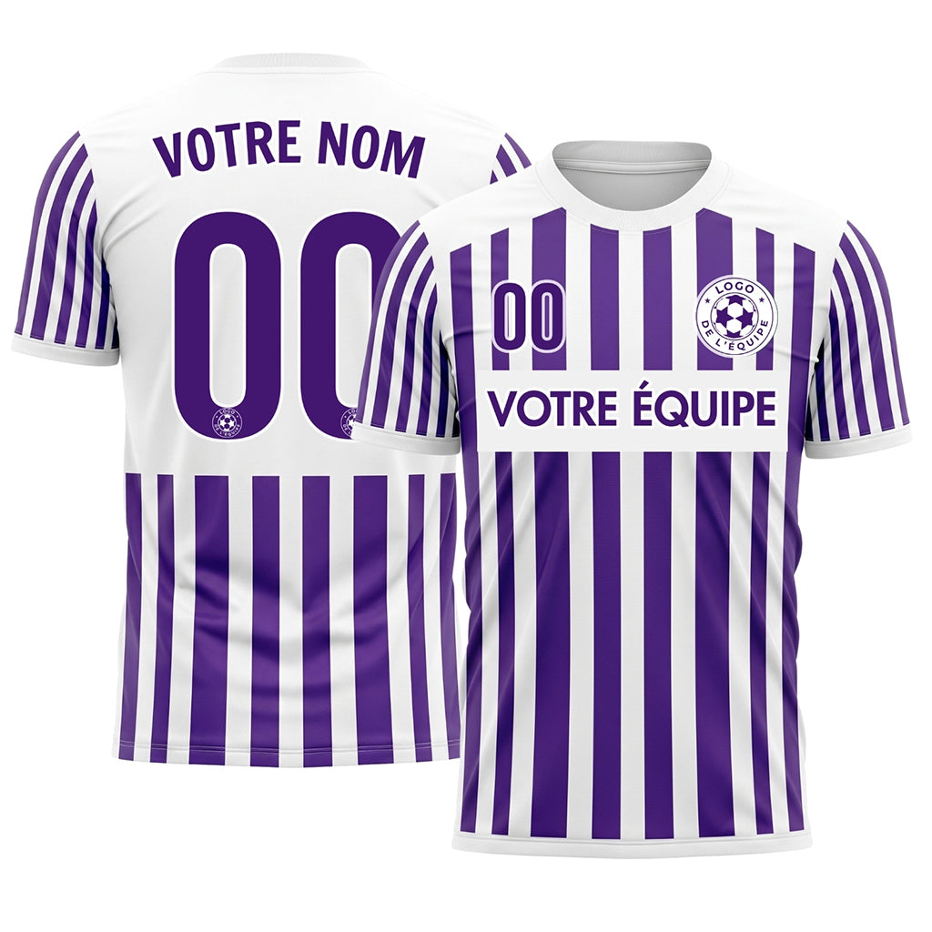 Violet Blanc Rayé avec Rayures Manche Maillot de Football Personnalisé