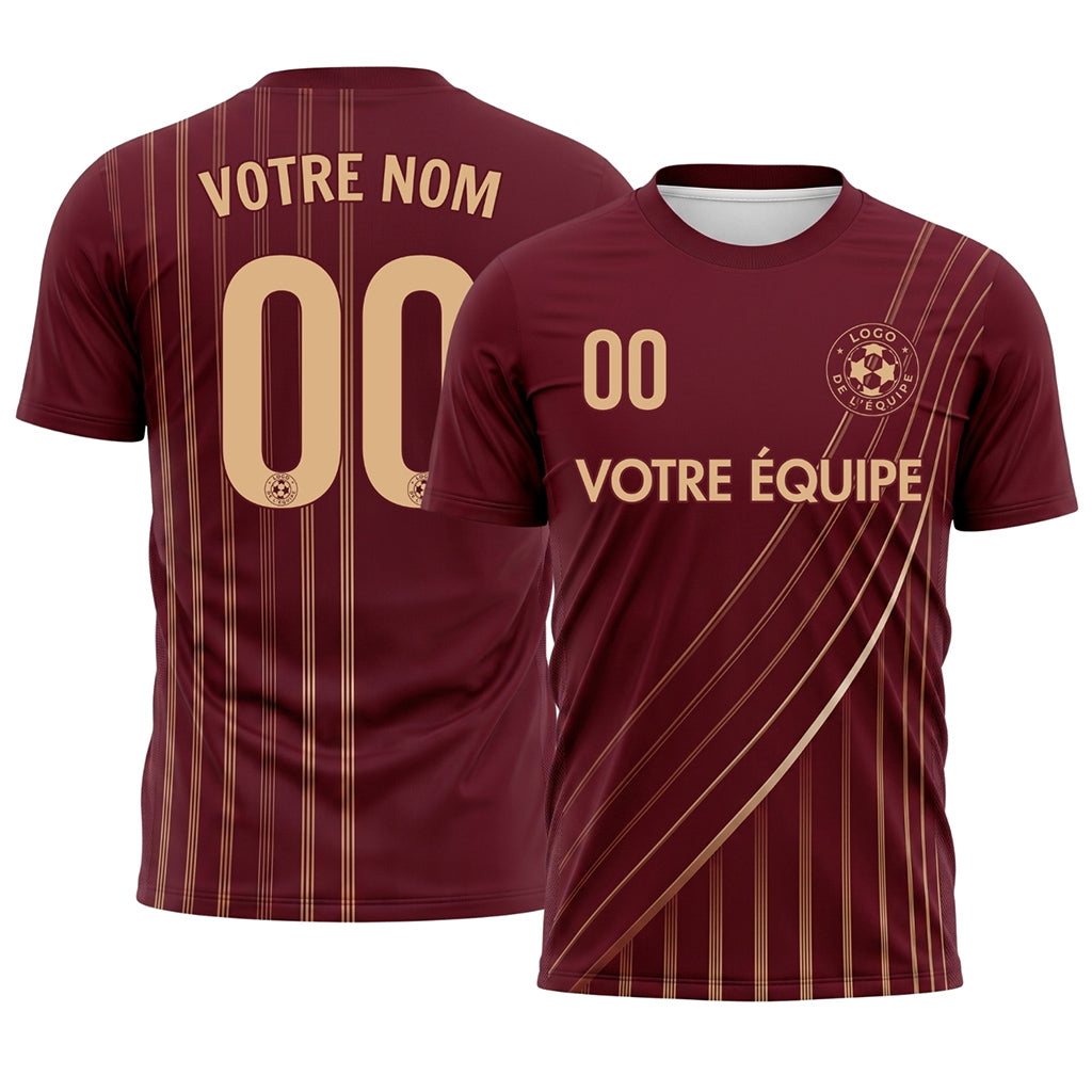 Rouge Bordeaux Doré Lignes Motif Maillot de Football Personnalisé