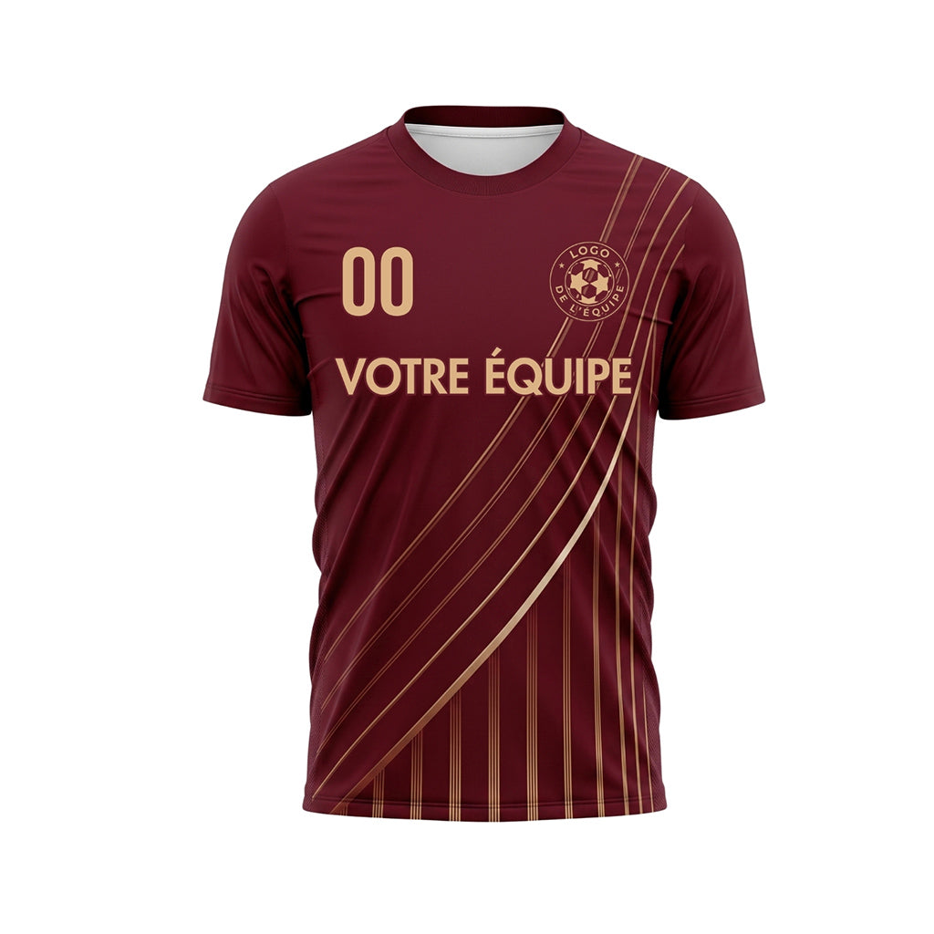 Rouge Bordeaux Doré Lignes Motif Maillot de Football Personnalisé