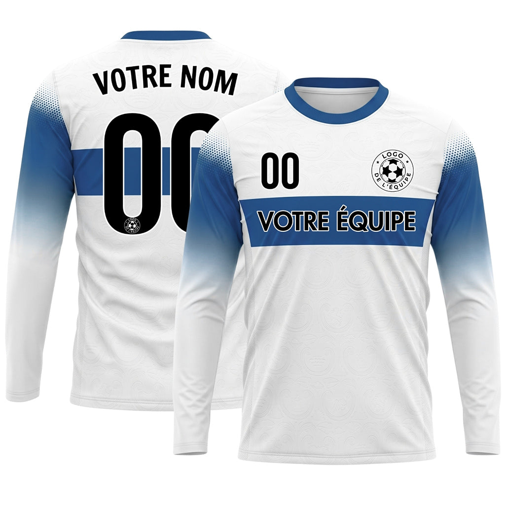 Blanc Bleu Rayures Horizontales Dégradées aux Manches Maillot de Football Personnalisé à Manches Longues
