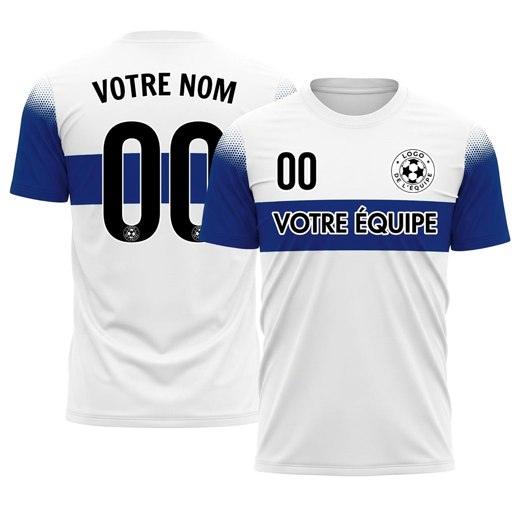Blanc Bleu Rayures Poitrine Demi-Teinte Épaule Motif Maillot de Football Personnalisé