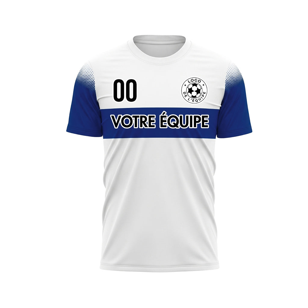 Blanc Bleu Rayures Poitrine Demi-Teinte Épaule Motif Maillot de Football Personnalisé