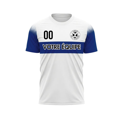 Blanc Bleu Rayures Poitrine Demi-Teinte Épaule Motif Maillot de Football Personnalisé