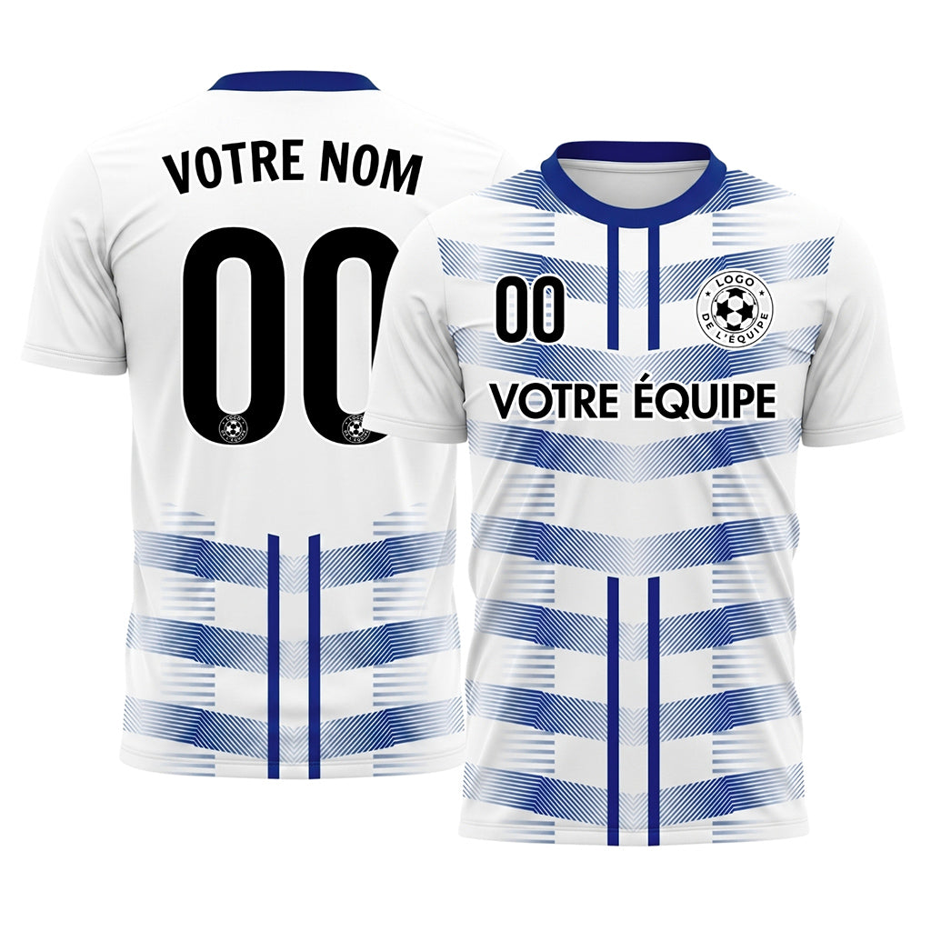 Blanc Bleu Géométrique Flèche Doubles Rayures Motif Maillot de Football Personnalisé