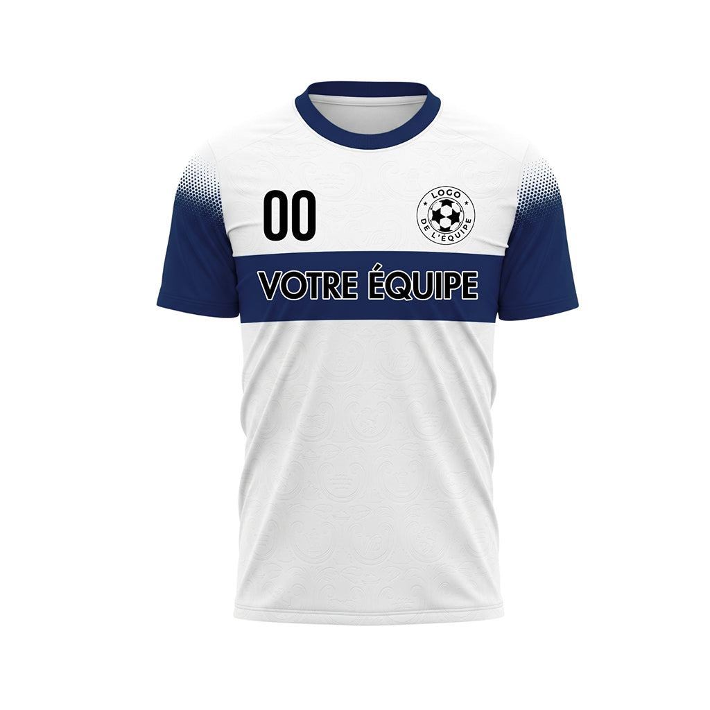 Blanc Bleu Demi-Teinte Rayures Poitrine Maillot de Football Personnalisé