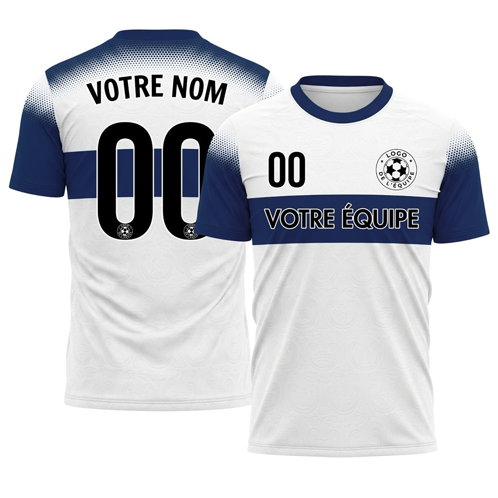Blanc Bleu Demi-Teinte Rayures Poitrine Maillot de Football Personnalisé
