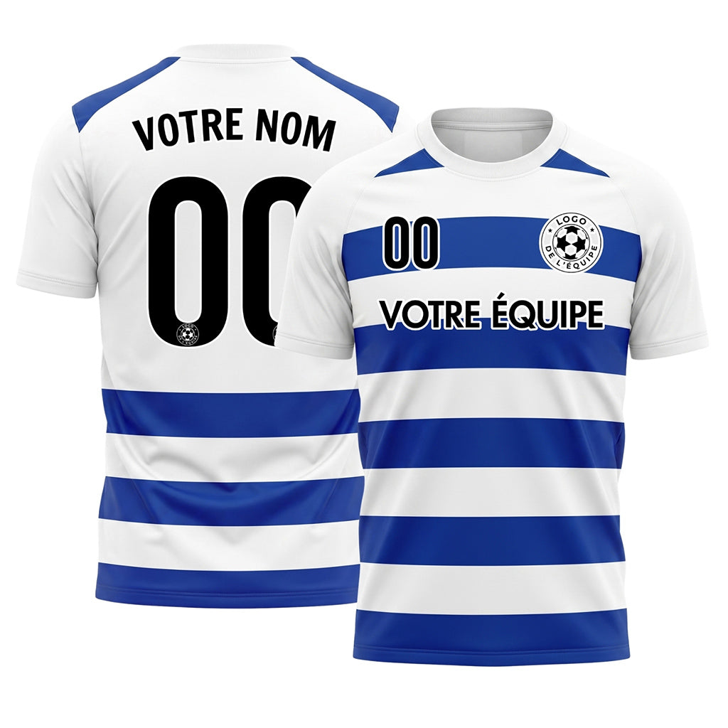 Blanc Bleu Classique Rayures en Blocs Motif Maillot de Football Personnalisé