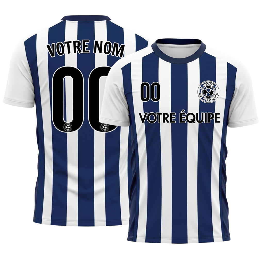 Blanc Bleu Classique Larges Rayures Maillot de Football Personnalisé