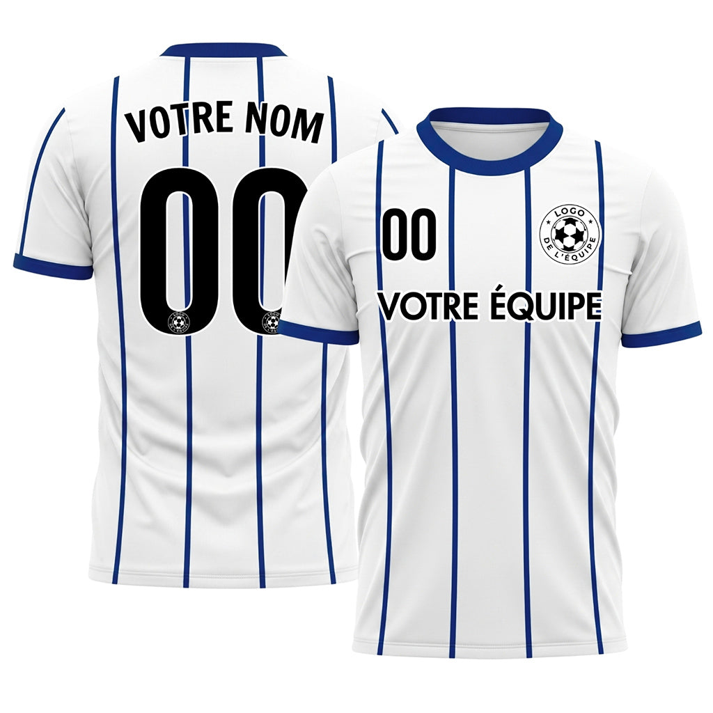 Blanc Bleu Rayures Fines Contraste Col Motif Maillot de Football Personnalisé