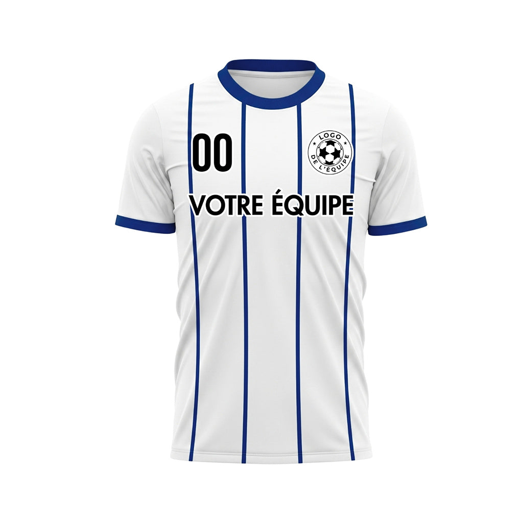 Blanc Bleu Rayures Fines Contraste Col Motif Maillot de Football Personnalisé