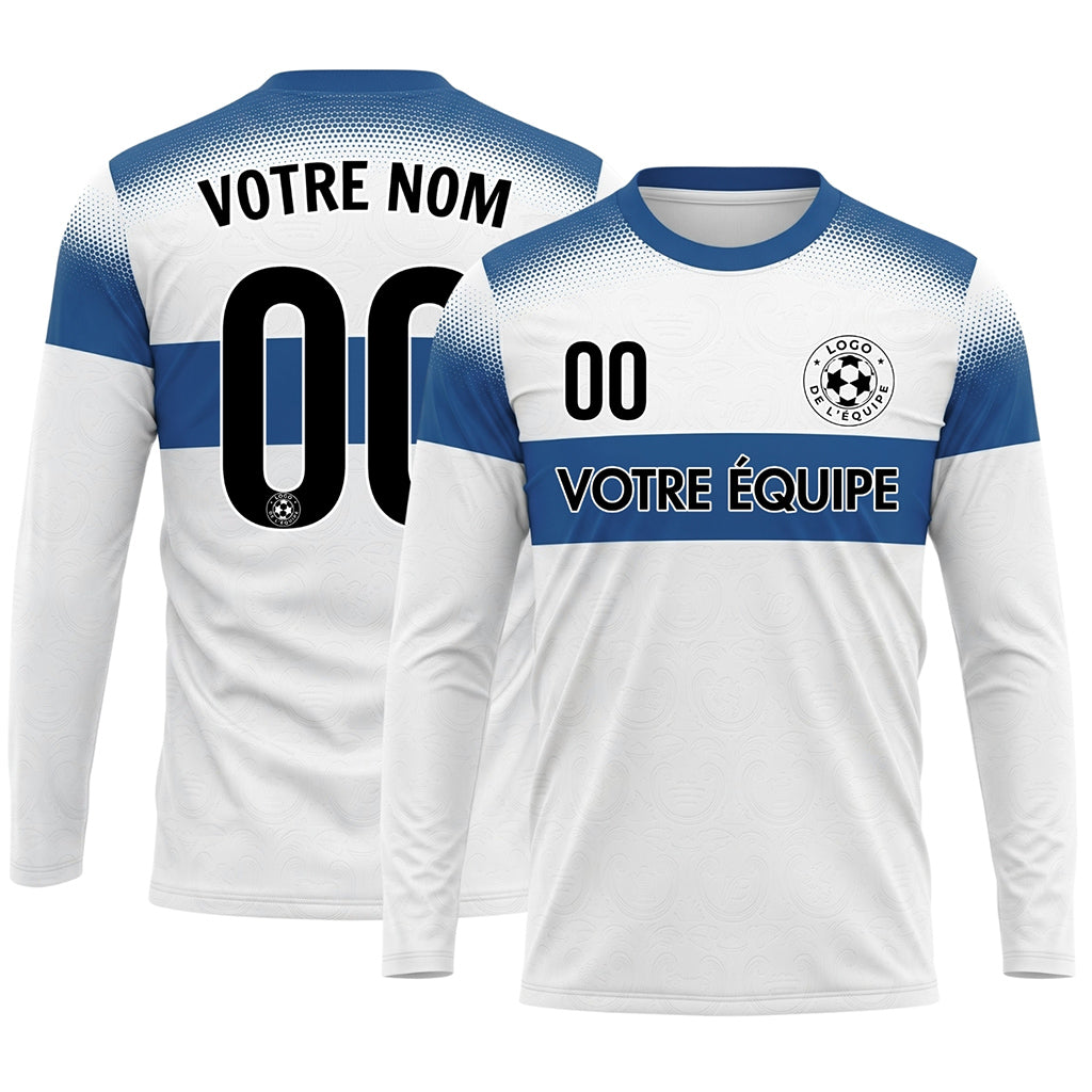 Blanc Bleu Rayures Horizontales Dégradées à Pois Maillot de Football Personnalisé à Manches Longues